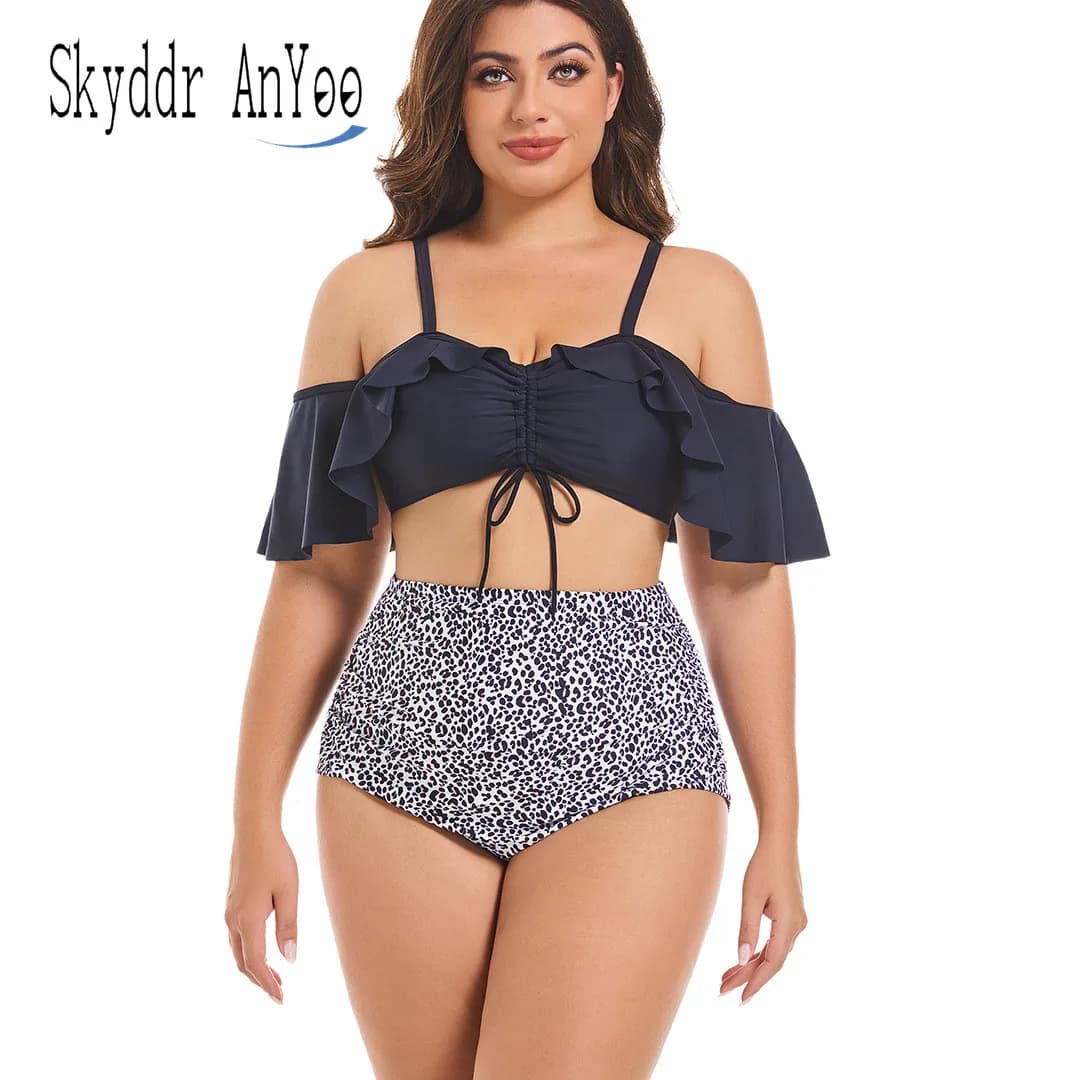 Women's bikini set strong sizes in 2 pieces for beach holidays, women's swimsuits, top with uncovered shoulders and high waist shorts