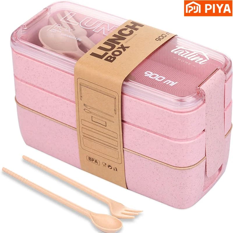 3-In-1 scomparto Bento Box In paglia di grano stoviglie riutilizzabili contenitori per il pranzo contenitori per alimenti e Snack scatola per il pranzo portatile