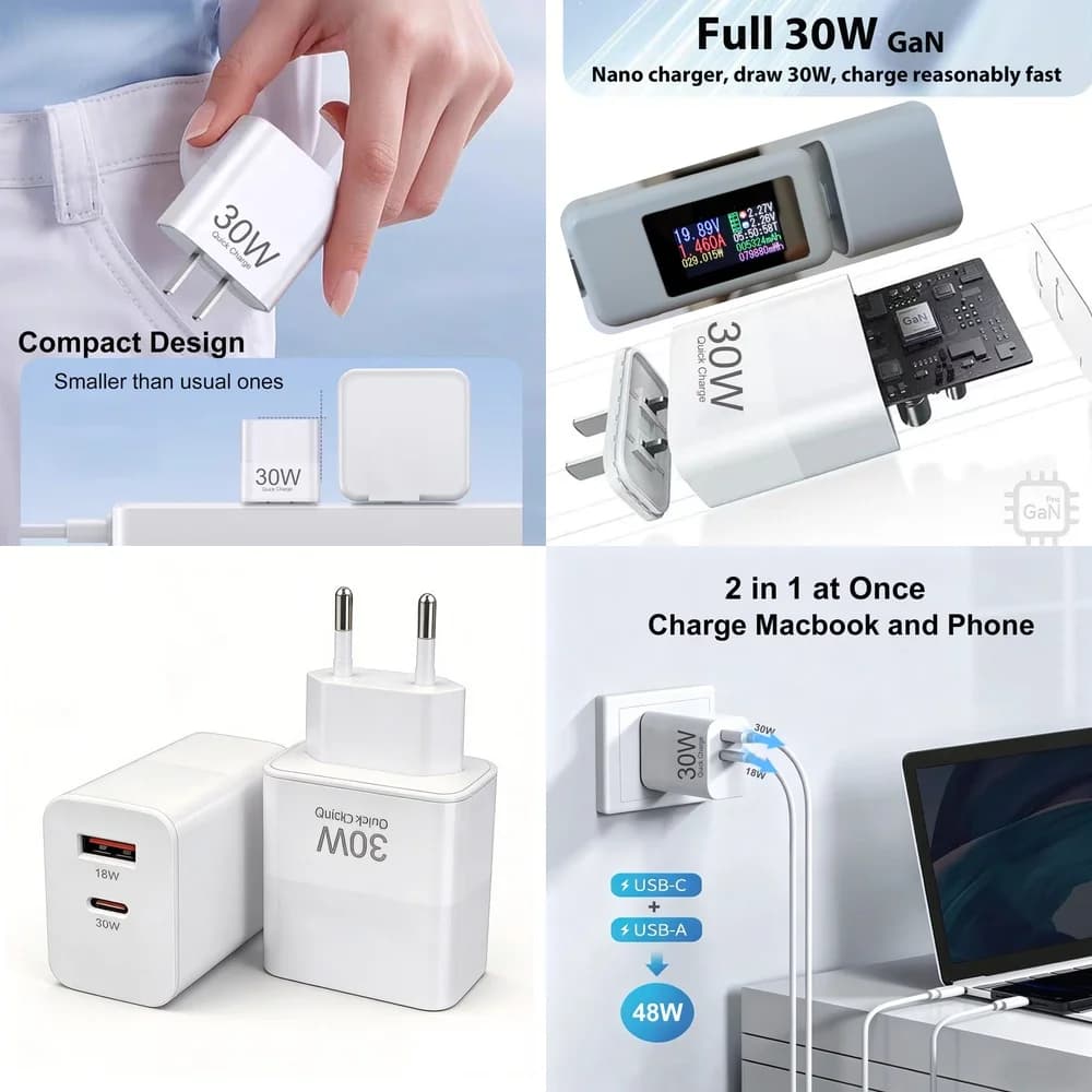 Fast Charger 30W USB C PD Dual Port Type C USB A Wall Adapter QC 3.0 Quick Charging Block for iPhone 17 16 Samsung Xiaomi iPad