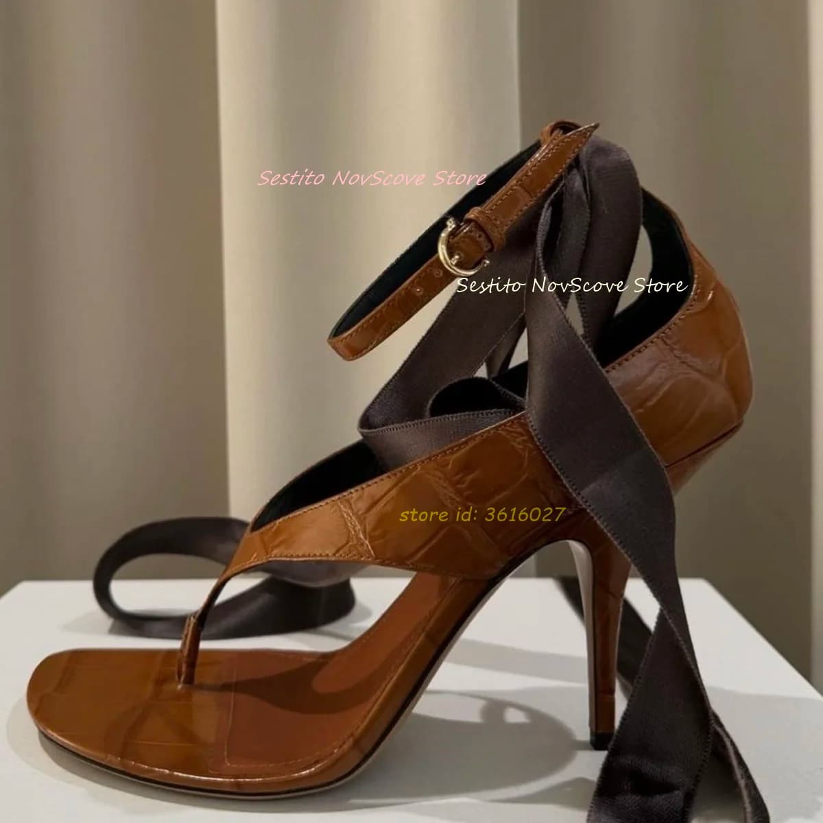Striped Sandals with Open Toe Brown Waist Ankle Straps Buckle Clasp Covers stiletto heel Ankle Cross Strap Summer Women's Party Shoes