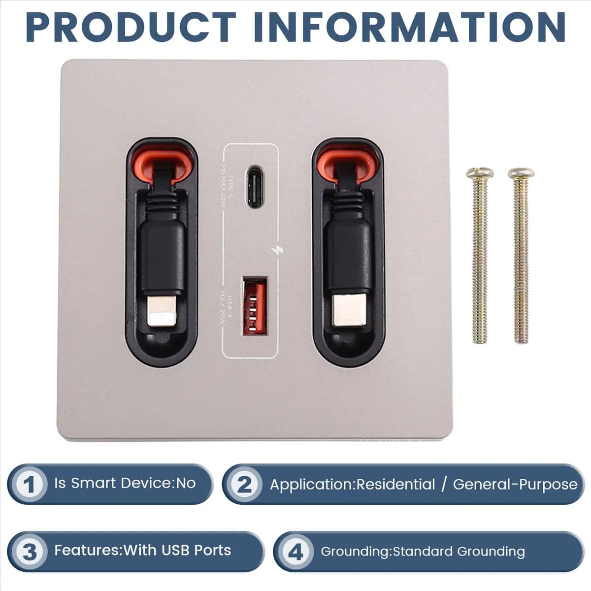 12w Universal Wall Panel Socket with Usb-A Usb-C Retractable Charging Cable, Mobile Phone Tablet Charging Type C Outlet