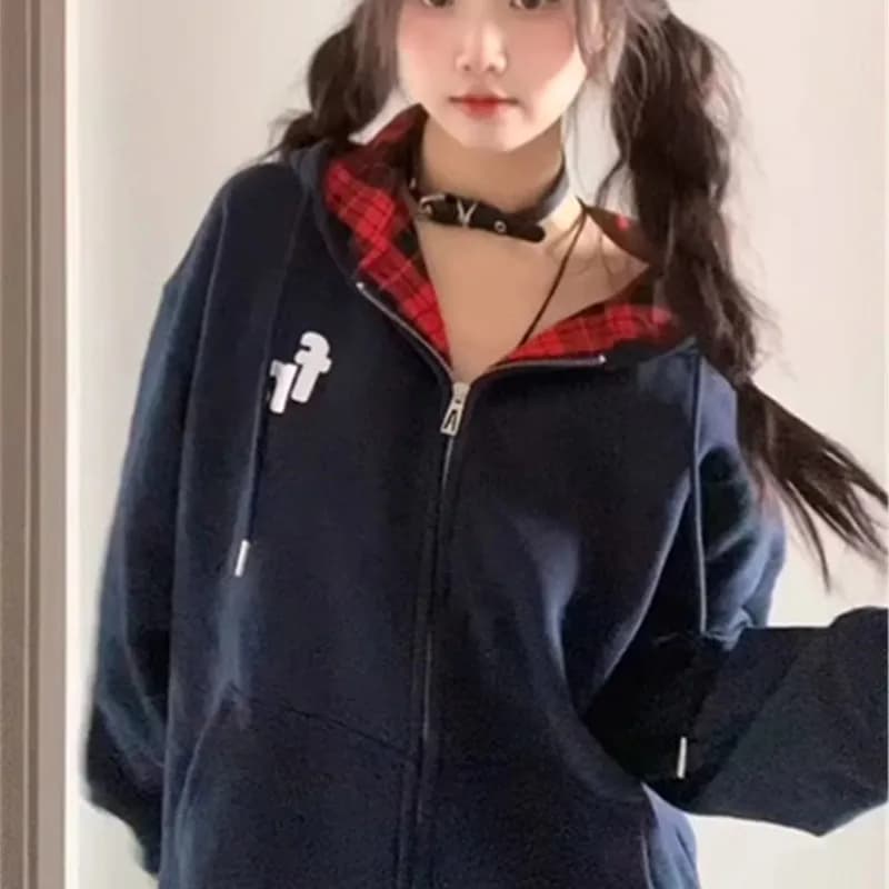 American Retro Color Block Plaid Hoodie Women's Early Autumn Loose Lazy Casual Versatile Zipper Open Cardigan Outerwear