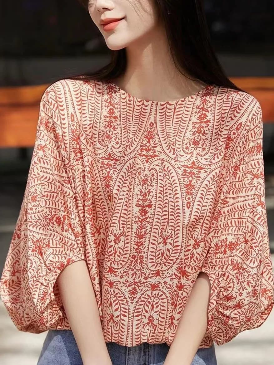 Camicetta Estiva alla Moda con Maniche a Pipistrello, Top da Donna in Misto Seta e Cotone Leggero con Collo Rotondo e Stampa