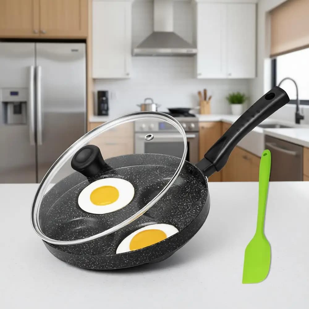 Anti-stick pan for 4 eggs with lid and spatula