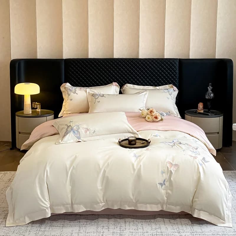 Luxury Bed Linen Set with Butterfly Embroidery, 800TC in Egyptian Cotton, Copripiumino/Lenzuolo with Corners and Faithful, Home Textiles