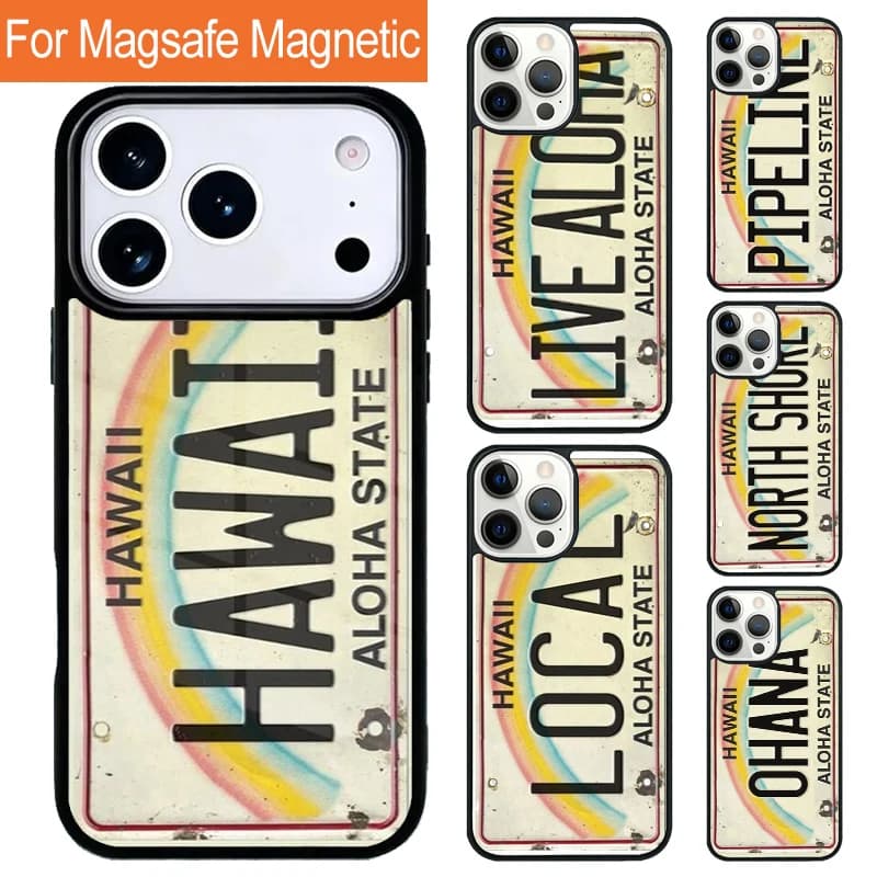 Custodia Magnetica Vintage con Targa Hawaiana Aloha per iPhone 17 Pro 16 15 13 12 11 Pro Max Air 14 Plus con Cover Magsafe