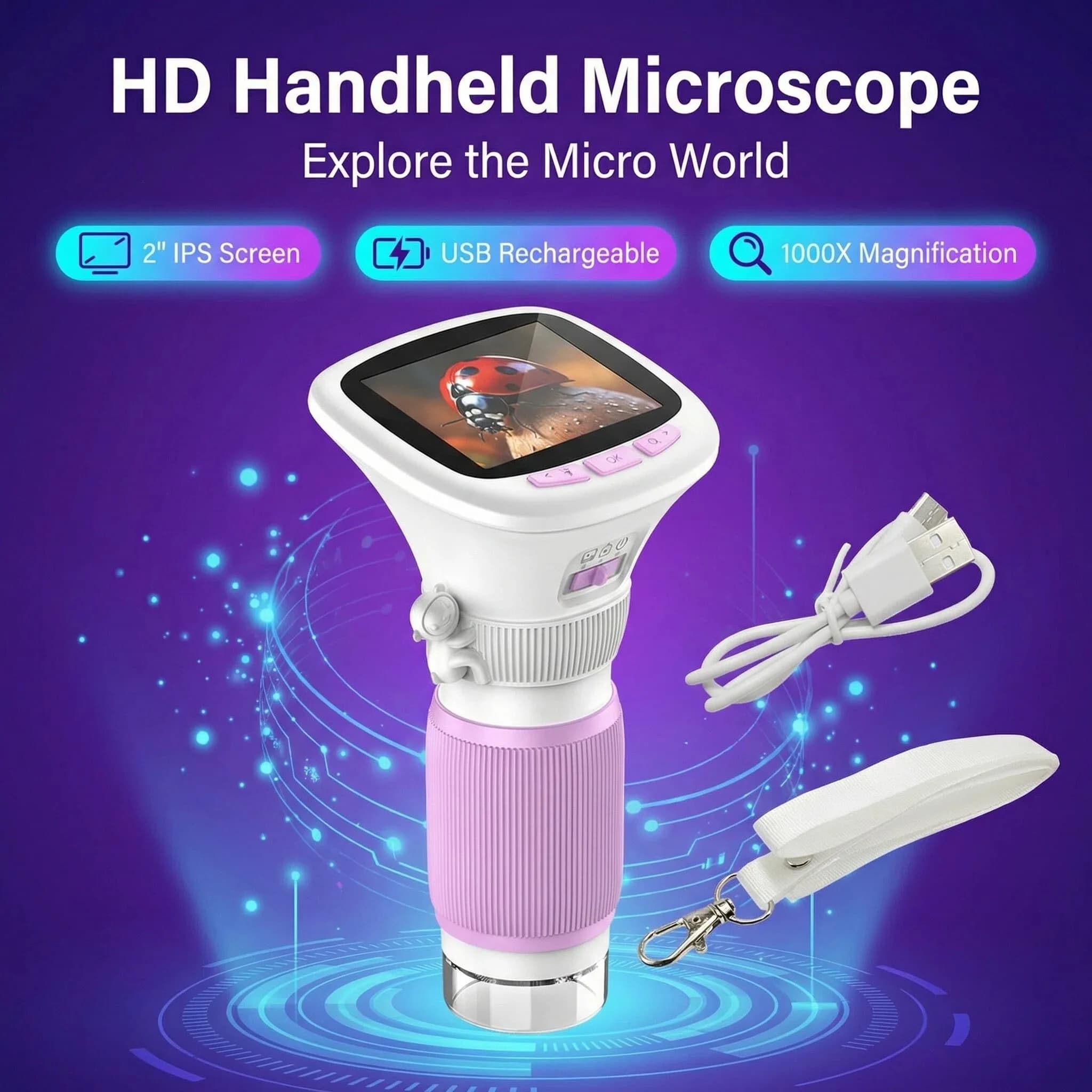 Microscopio Portatile per Bambini con Schermo IPS HD da 2,4", Ingrandimento 200X/1000X, Registrazione Foto e Video per Bambini
