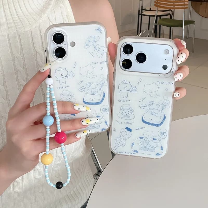 Custodia Protettiva Lovely Line Cat per iPhone 17 Pro 16 15 Pro Max con Catena, Cover alla Moda con Cartoni Animati Carini per iPhone 16