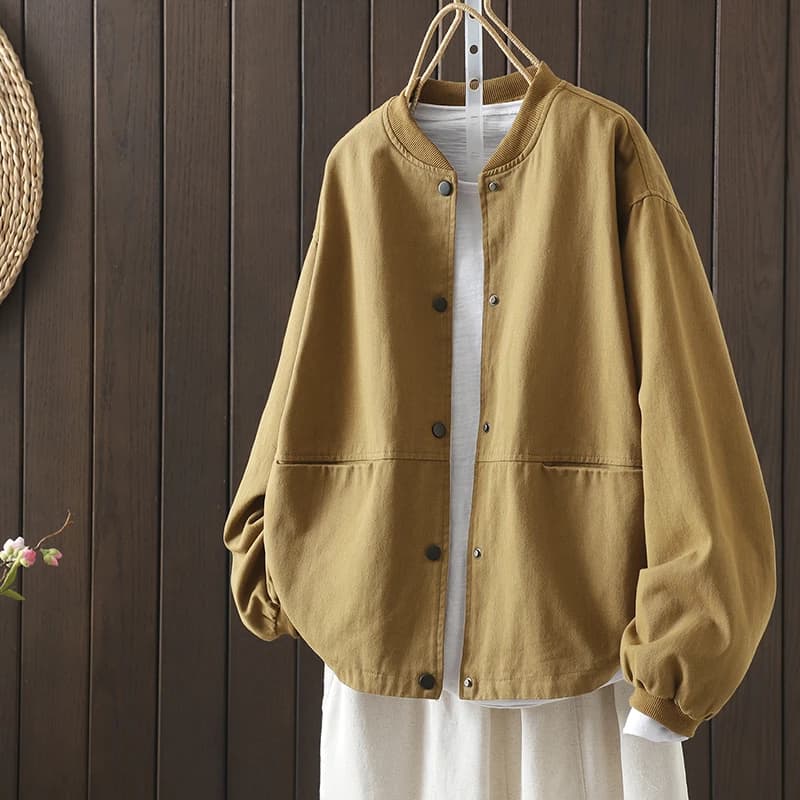 Women's Retro Workwear Baseball Jacket Loose Slimming Spring Autumn Large Size Cotton Stand Collar Jacket Long Sleeve Button ...