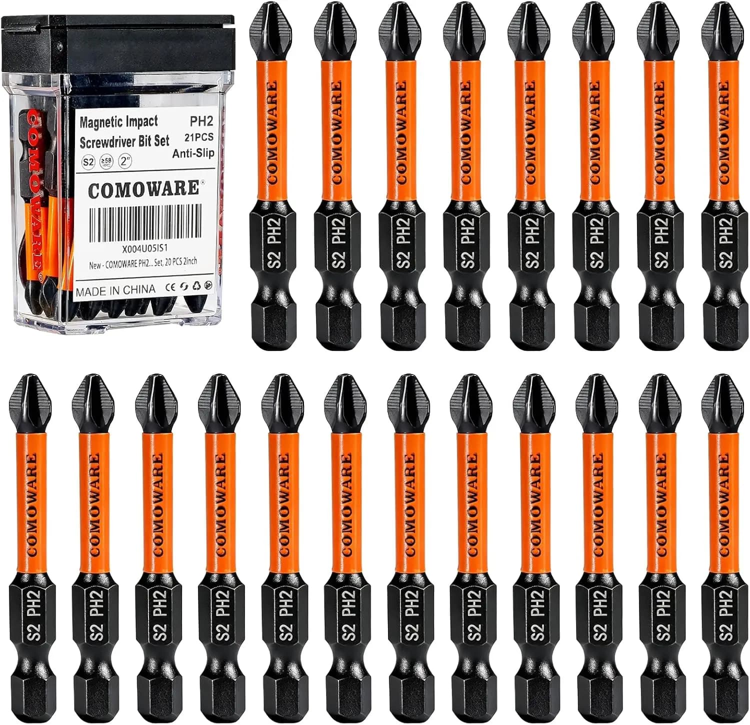 Set di Punte Magnetiche per Cacciavite a Impatto PH2 da 2 Pollici, 21 Pezzi Punte Phillips Antiscivolo, Acciaio S2 per Trapani Elettrici