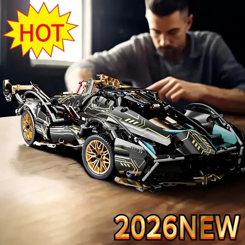 Auto da Corsa in Blocchi da Costruzione 2026 V12, Modello in Legno Nero e Oro, Regalo di Compleanno