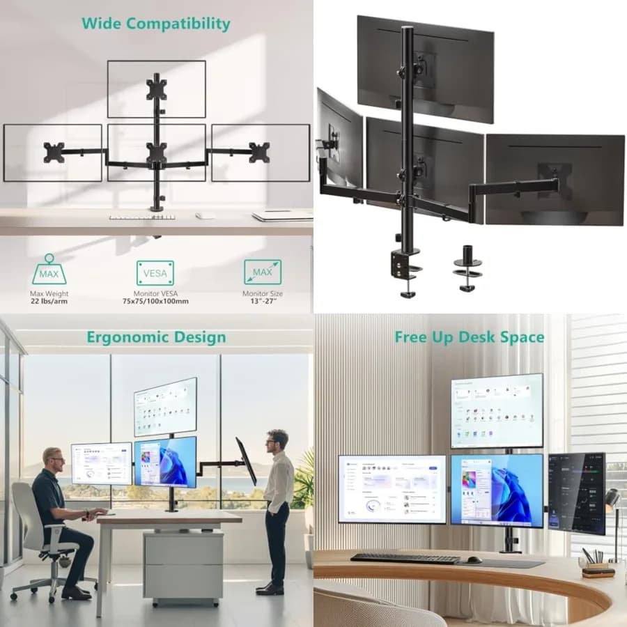 Supporto per Quattro Monitor da 13-27 Pollici, Stand Completamente Regolabile per 4 Schermi con Rotazione, Inclinazione, Base a Morsetto e Kit per Passacavo