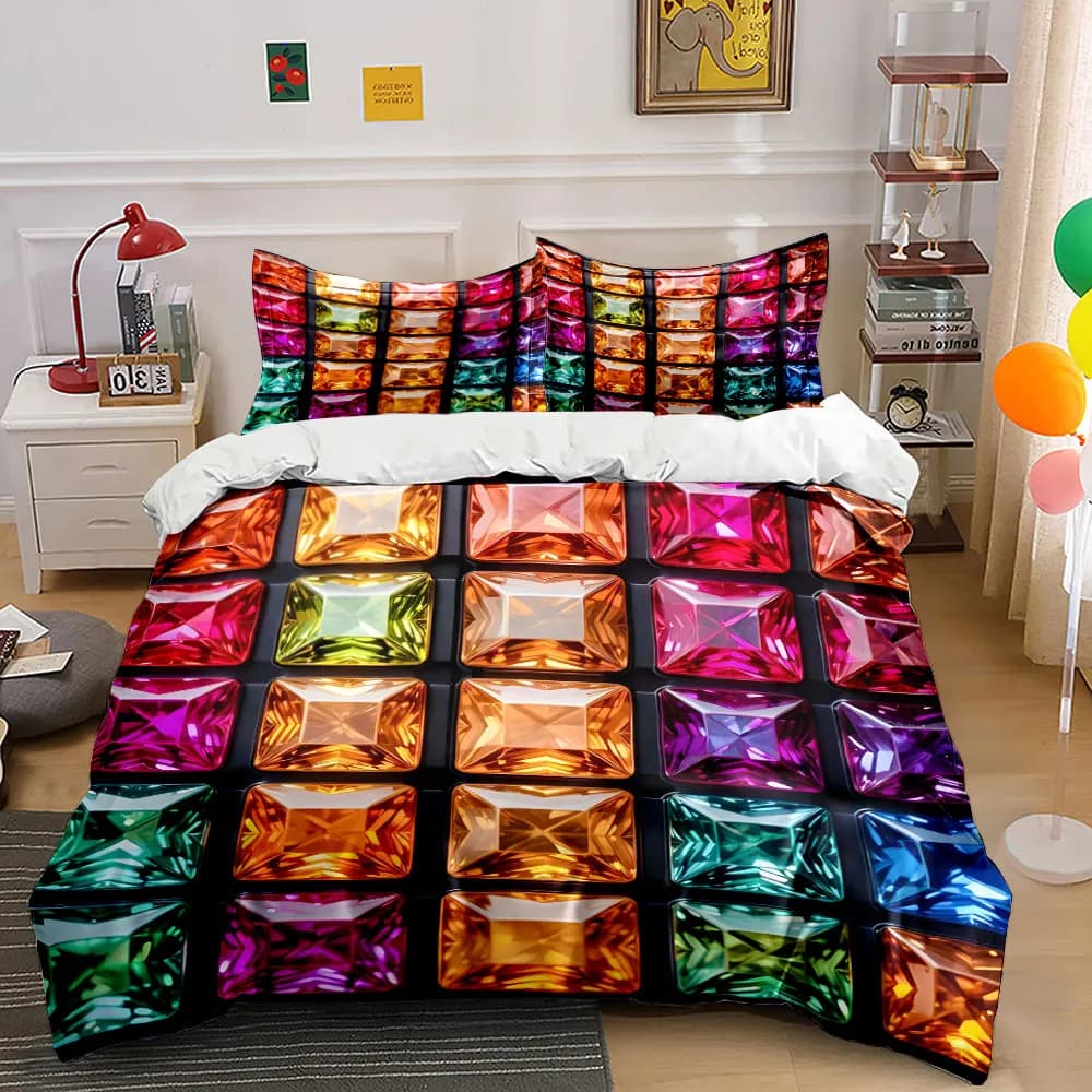 Colorful square gemstones neatly arranged Pattern Duvet Cover Set Digital Print Colorful Polyester Bedding with Zipper Closur