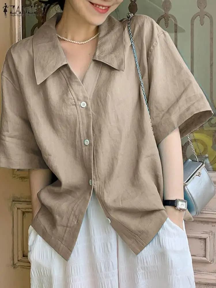 2023 ZANZEA Camicia estiva Camicette da donna Colletto rovesciato Maniche a 3/4 Bottoni Camicetta Top larghi Camicie OL Solid Blusas Tunica