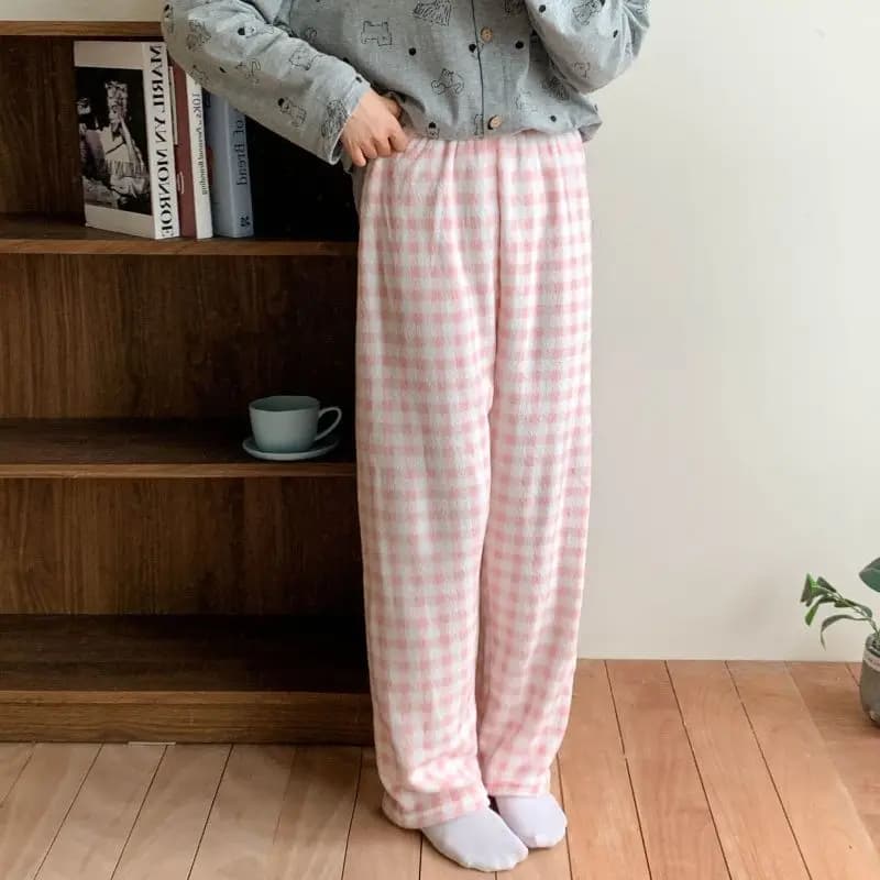 Cartoon Comfortable Flannel Pajama Pants Winter Fleece Warm Coral Fleece Home Pants Loose Checkered Casual Plush Pants
