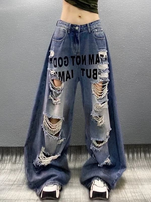 Summer 2026 High Waist Wide Leg Denim Jeans Women's Torn Floor-Length Pants Letter Print Casual Loose Fit Breathable