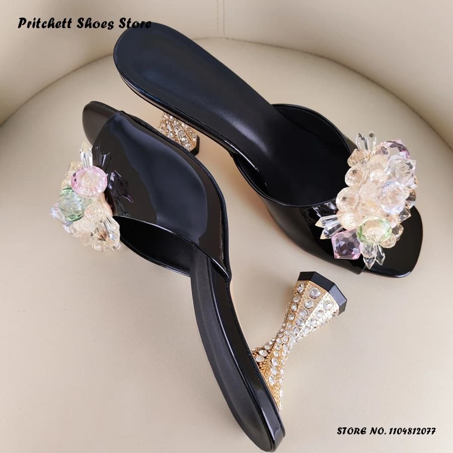 Women's Crystal Wedding Shoes Summer Patent Leather Pull On Banquet Dress Shoes Elegant Square Open Toe Strange Style Heel Mules