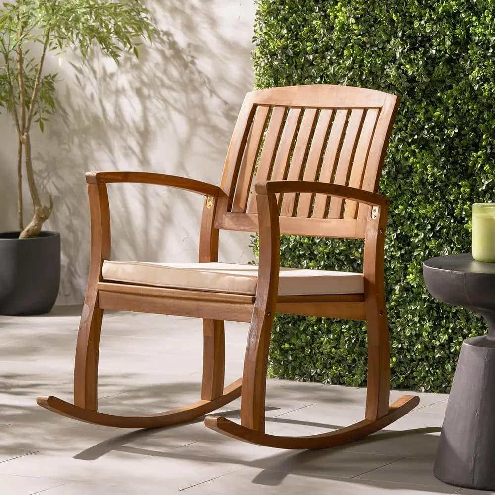 Waterproof weatherproof acacia doorbell with cushion - Durable hardwood rocking chair for outdoor spaces (natural and cream)