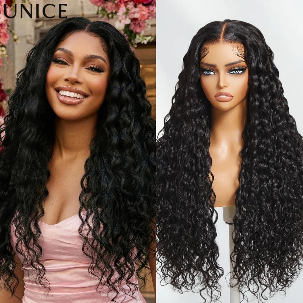 UNice Hair Drawstring Cap Water Wave Wig With Baby Hair Pre Cut Pre Bleached 7x5 & 13x4 Human Hair Lace Frontal Wig Glueless Wig