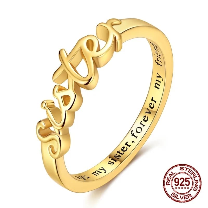 Anello con Lettera 'Sister' in Argento Sterling 925 Placcato Oro, Gioiello Ispirazionale per Amicizia, Regalo per Sorelle e Migliori Amiche