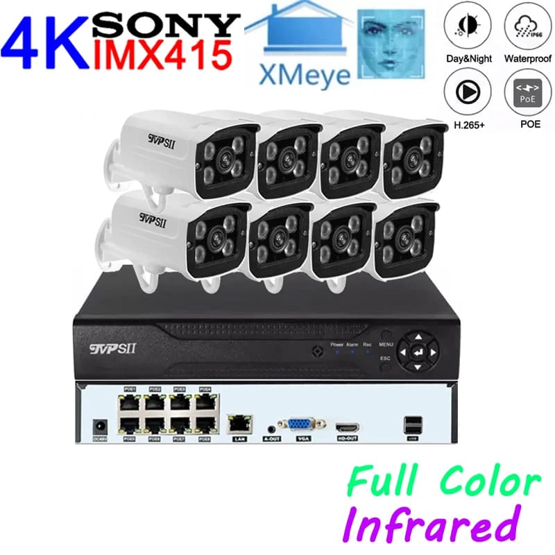 Infrarossi a colori 4K 8M IMX415 H.265 + Metallo ONVIF Face Detection Audio 8CH 8 canali POE IP CCTV Telecamera NVR DVR Kit Sistema