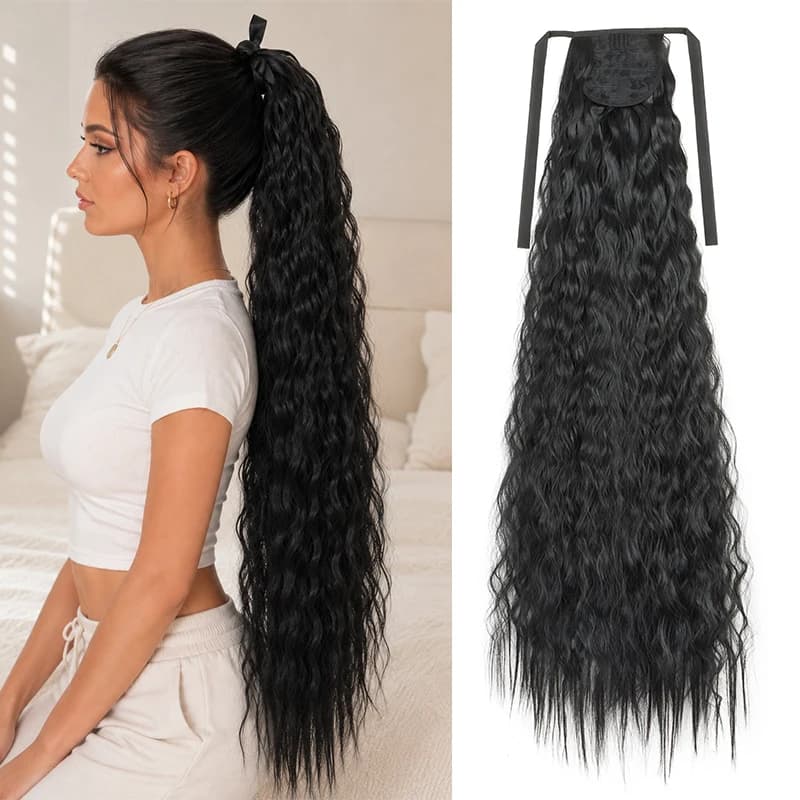 34Inch Synthetic Long Kinky Curly Ponytail Hair Extension Drawstring Wrap Around Fluffy Hairpiece for Women Daily Party Cosplay