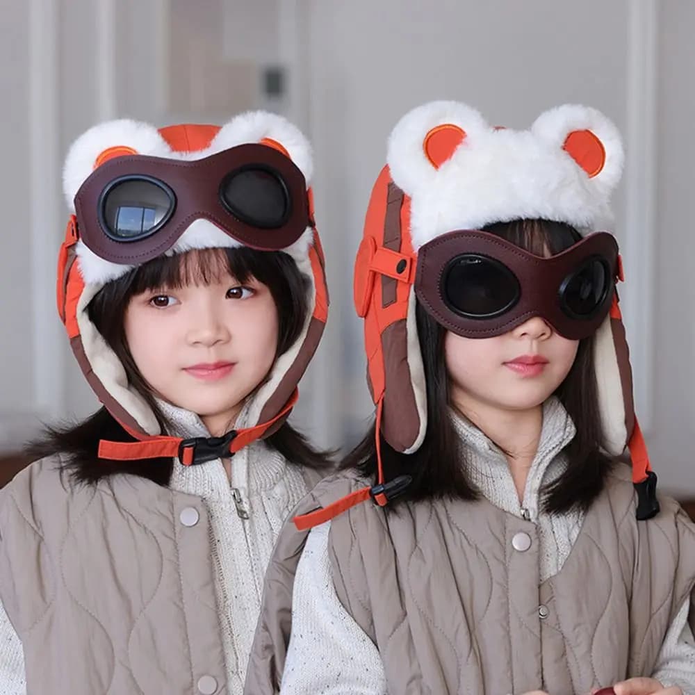 Simpatici occhiali invernali per bambini Cappello integrato Cappello da sci antivento foderato in pile Berretto di protezione per le orecchie caldo per ragazzi e ragazze