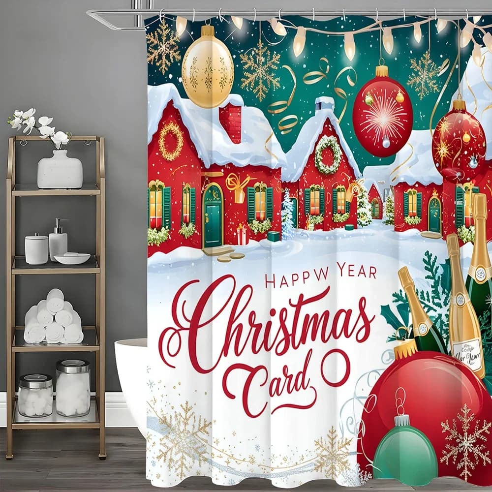 Tenda da doccia con luci colorate della casa rossa di Natale, tenda da doccia decorativa per il bagno, tenda da doccia impermeabile con ganci