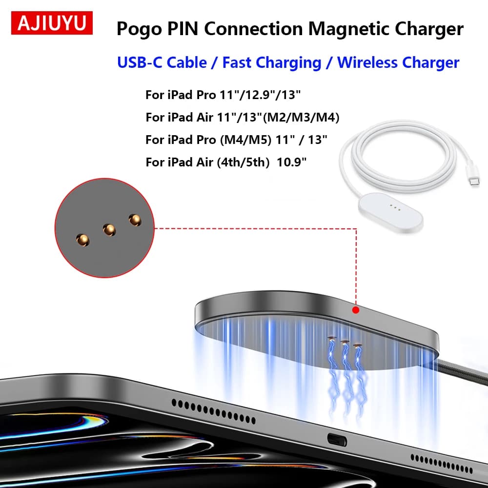 Pogo PIN Smart Magnetic Charger for iPad Air 11/13/4th/5th & Pro 11/12.9/13 M5 M4 11" 13" Aluminum Alloy Wireless Fast Charging