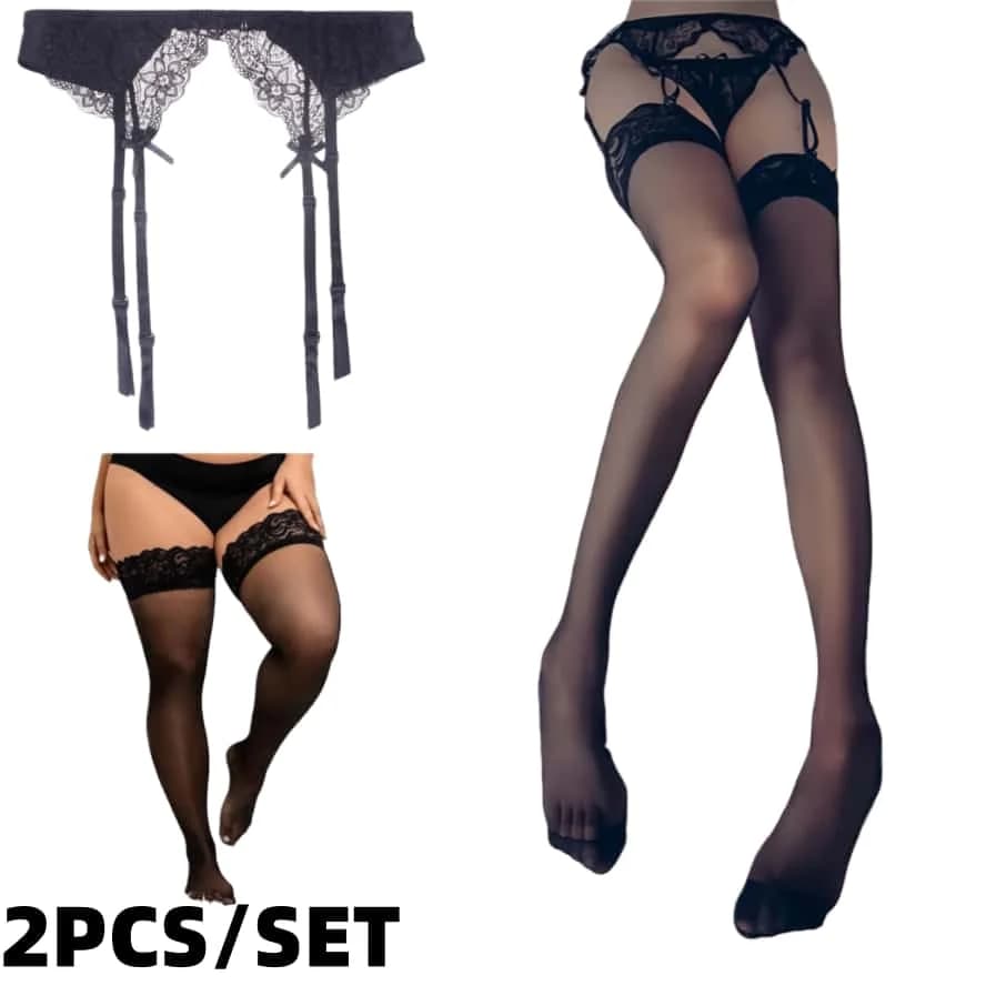 2PCS 1Set Sexy Woman Bowknot Garter Belt and Stocking Fishnet Suspender Black Stockings Plus Size Lace Thin Over Knee Socks XXXL