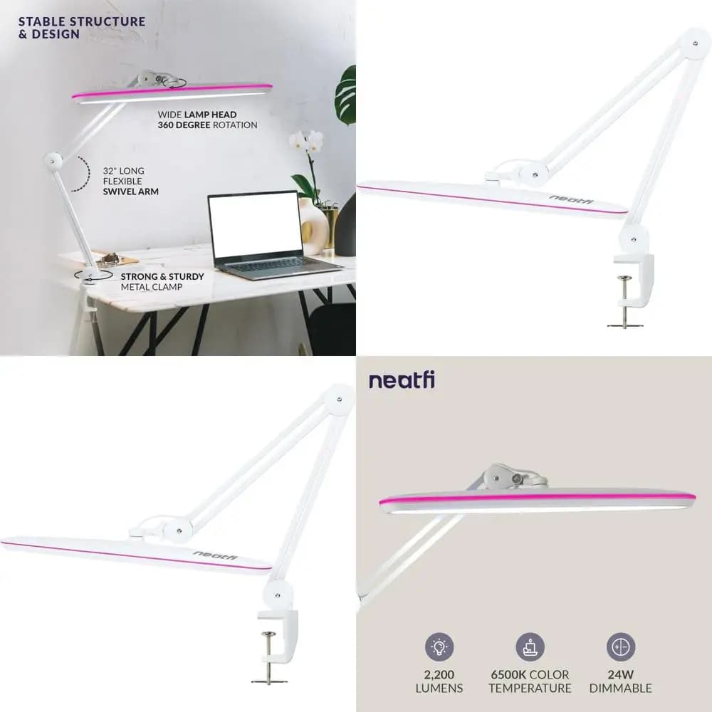 Lampada da Scrivania a Morsetto LED - 2200 Lumen, 23 cm di Larghezza, Luce Dimmerabile per Ufficio, Studio e Lavori Creativi (Bianca con Anello Rosa)