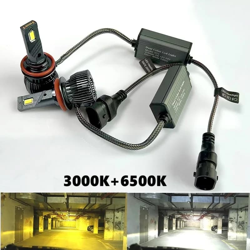 H11 LED Lampadina per fari bicolore H4 H1 H7 HB2 H3 H8 H9 9006/HB4 9005/HB3 Fendinebbia per auto Giallo + Bianco 110W Lampada automatica 2 pezzi