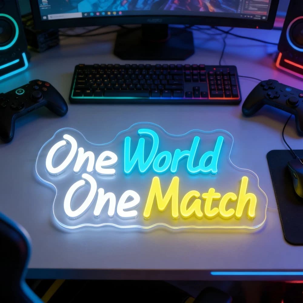Insegna al Neon LED COne World One Match Gaming, Decorazione da Scrivania per Casa, Ufficio, Sala Giochi, Illuminazione per Competizioni Unity, Arte da Parete, Idea Regalo