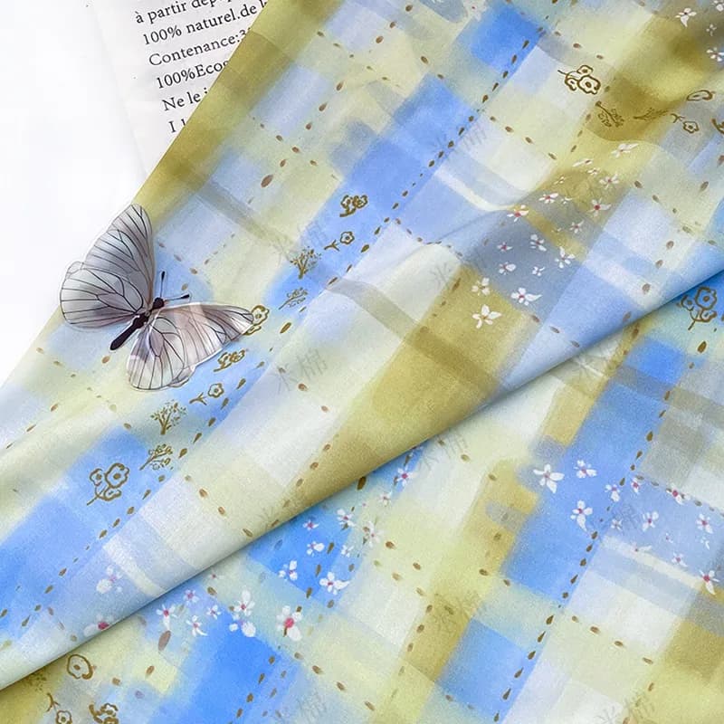 L100XW150CM 100% Cotton Digital Printed Blue Yellow Plaid Fabric Lightweight Soft Breathable for Dress Skirt DIY Sewing