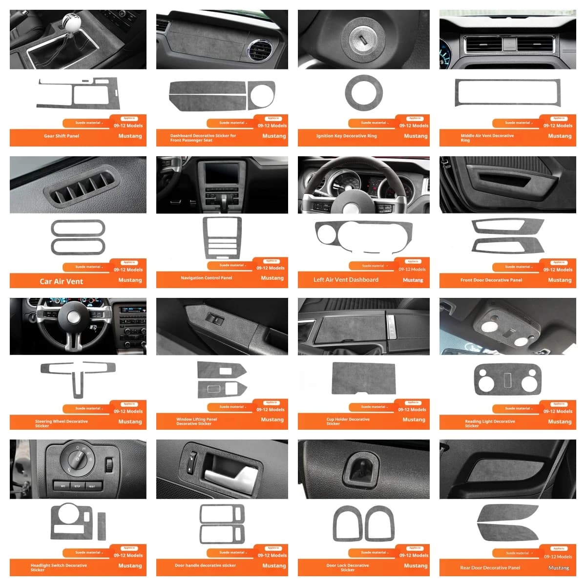 Per Ford Mustang 2009-2012: Adesivo decorativo per interni in pelle scamosciata modificata, pannello rigido non adesivo