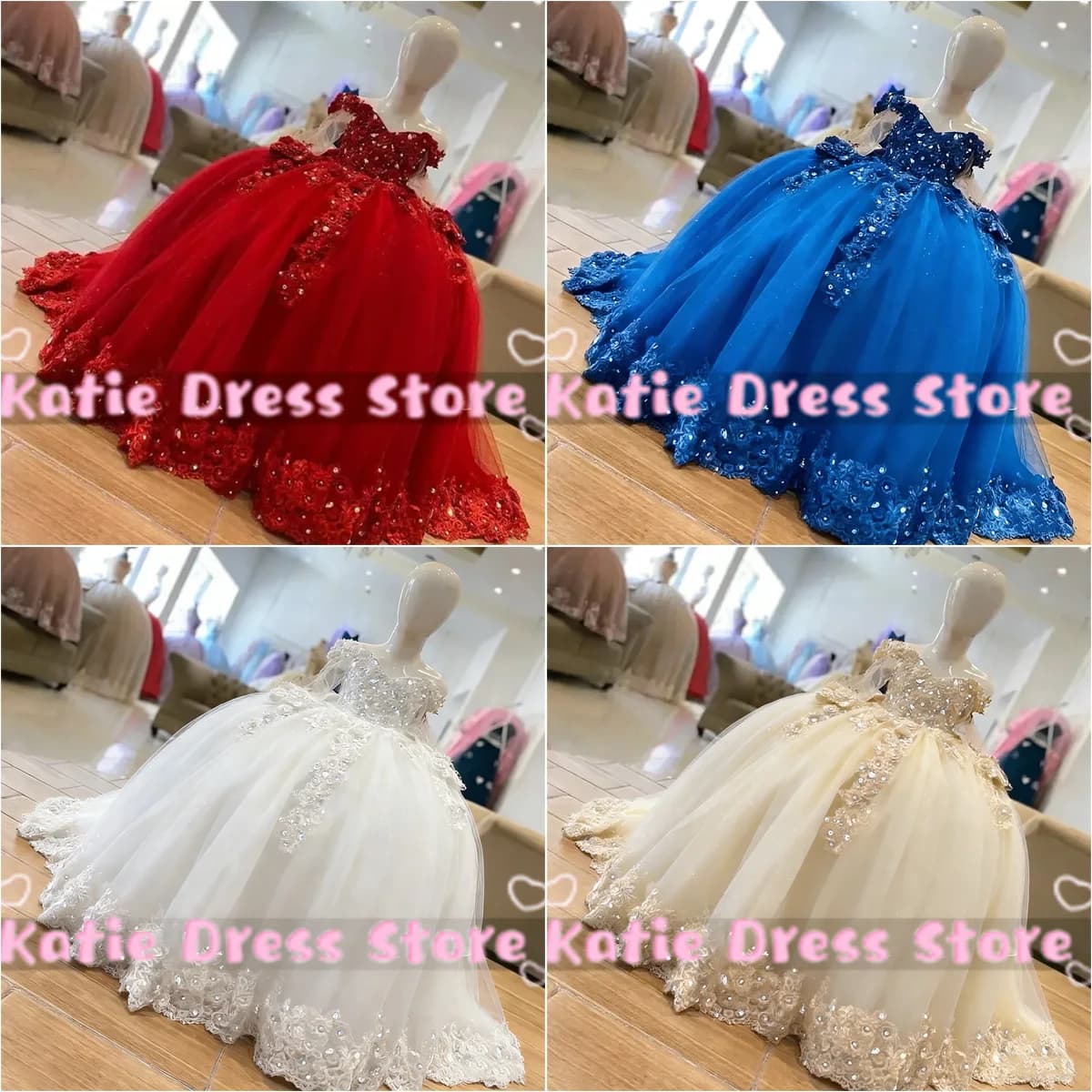 Abito da ragazza di fiore scintillante per abiti da ballo da prima comunione per feste di compleanno per bambini gonfi in tulle con applicazioni in pizzo da sposa personalizzati