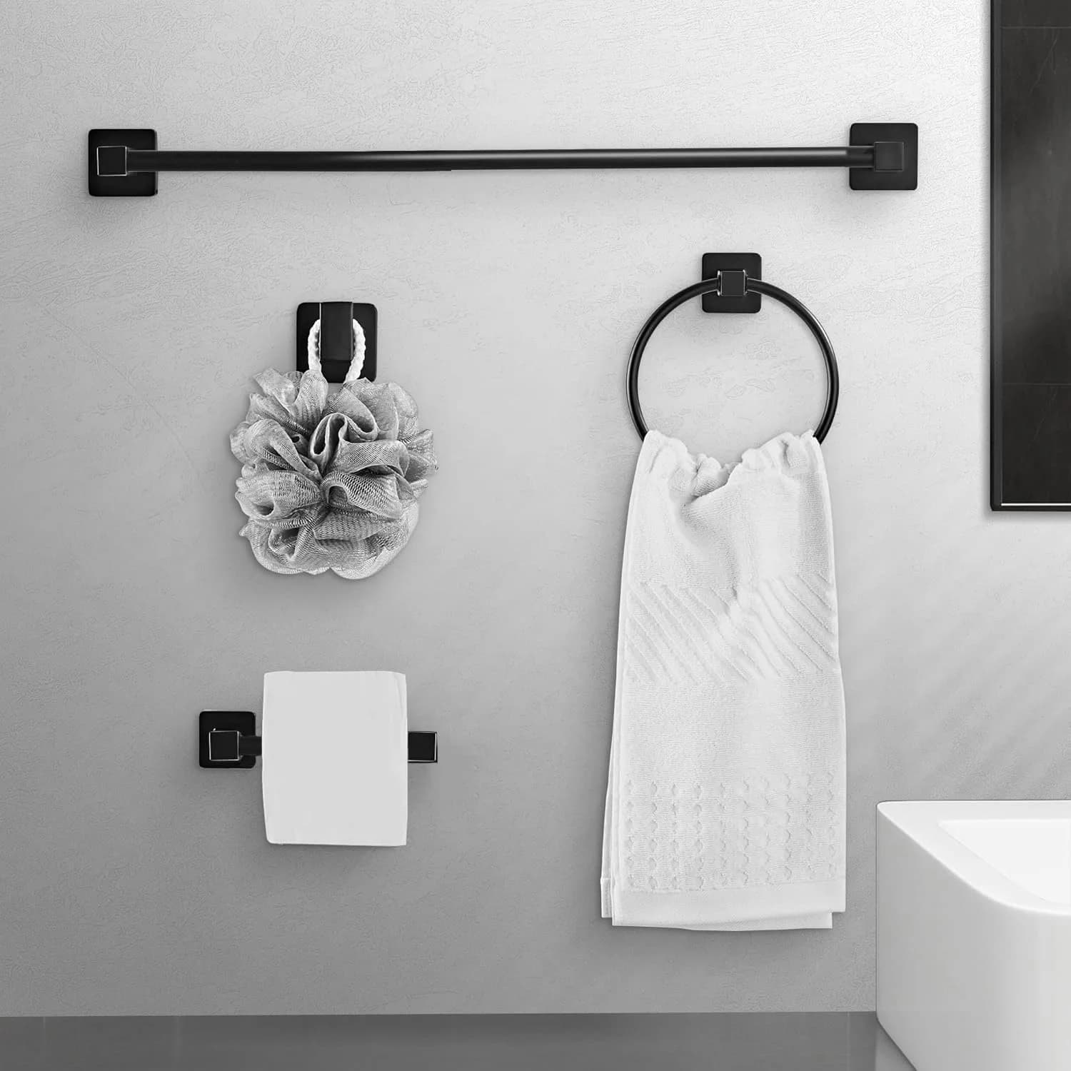 Set di Accessori per Bagno in Nero Opaco, 4 Pezzi, Include Portasciugamani da 17 Pollici, Anello Portasciugamani, Gancio, Porta Carta Igienica