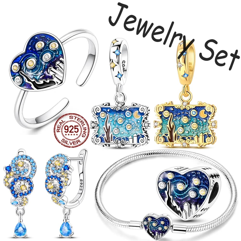 Van Gogh Starry Night Jewelry Set 925 Sterling Silver Charm Bracelet Open Heart Ring Drop Earrings Enamel Sky Pendant Jewelry