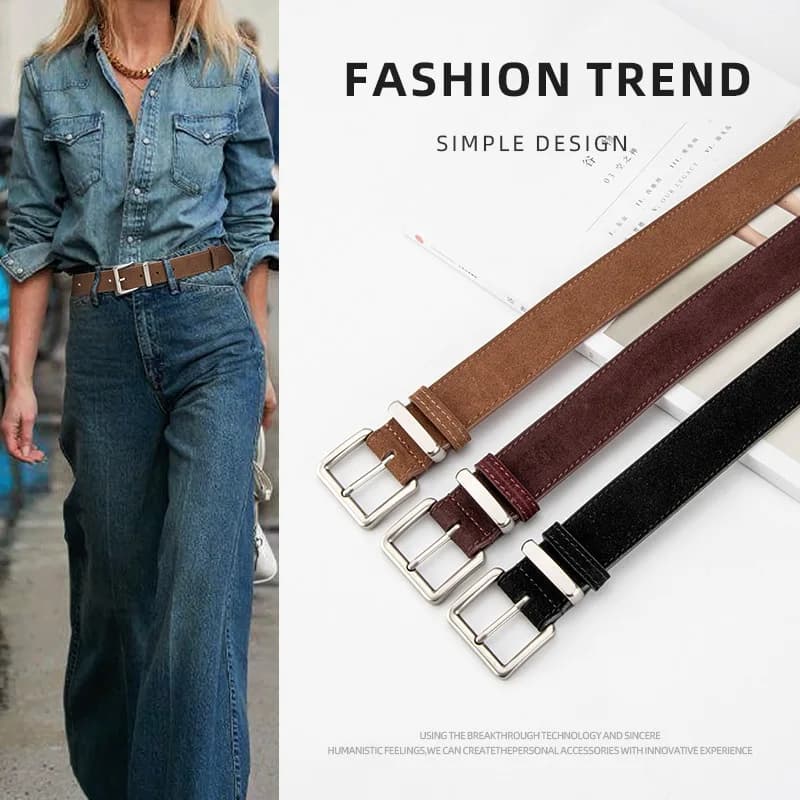 Cintura di Lusso in Pelle Scamosciata per Donne, Stile Vintage con Fibbia Dorata, Larghezza 3,3 cm per Abiti e Jeans