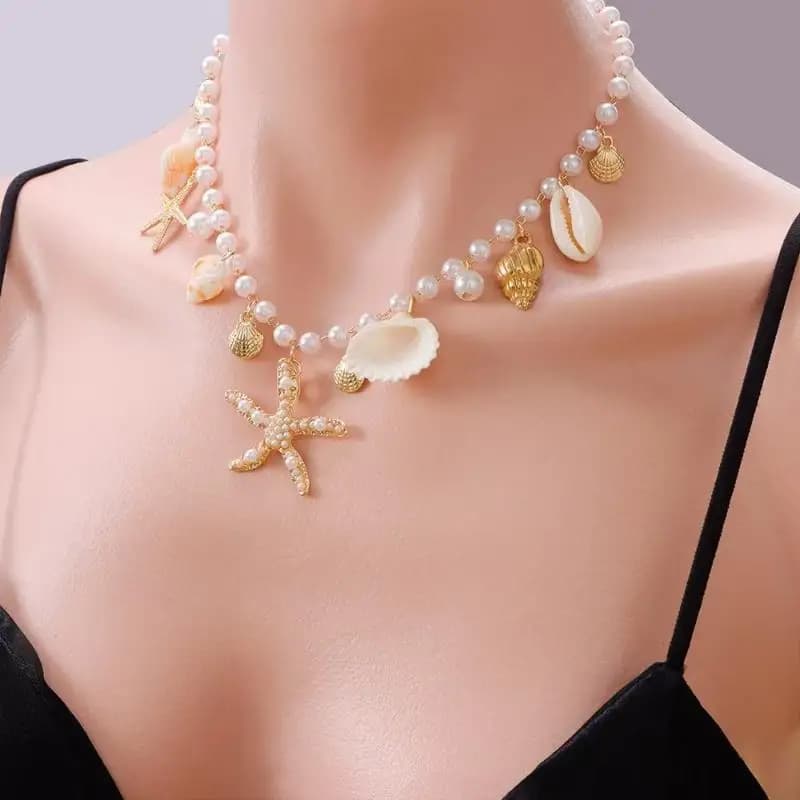 Beach Ready Starfish Conch Shell Necklace Bracelet Set with Perfection for Holiday Outfits