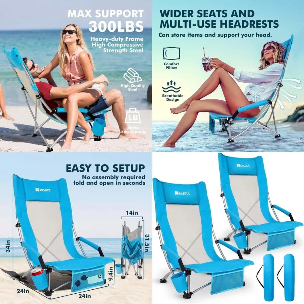 Large seat folding beach chair with cushion and adult storage - Options with high/low backrest, transport bag included (package 1 or 2, blue)
