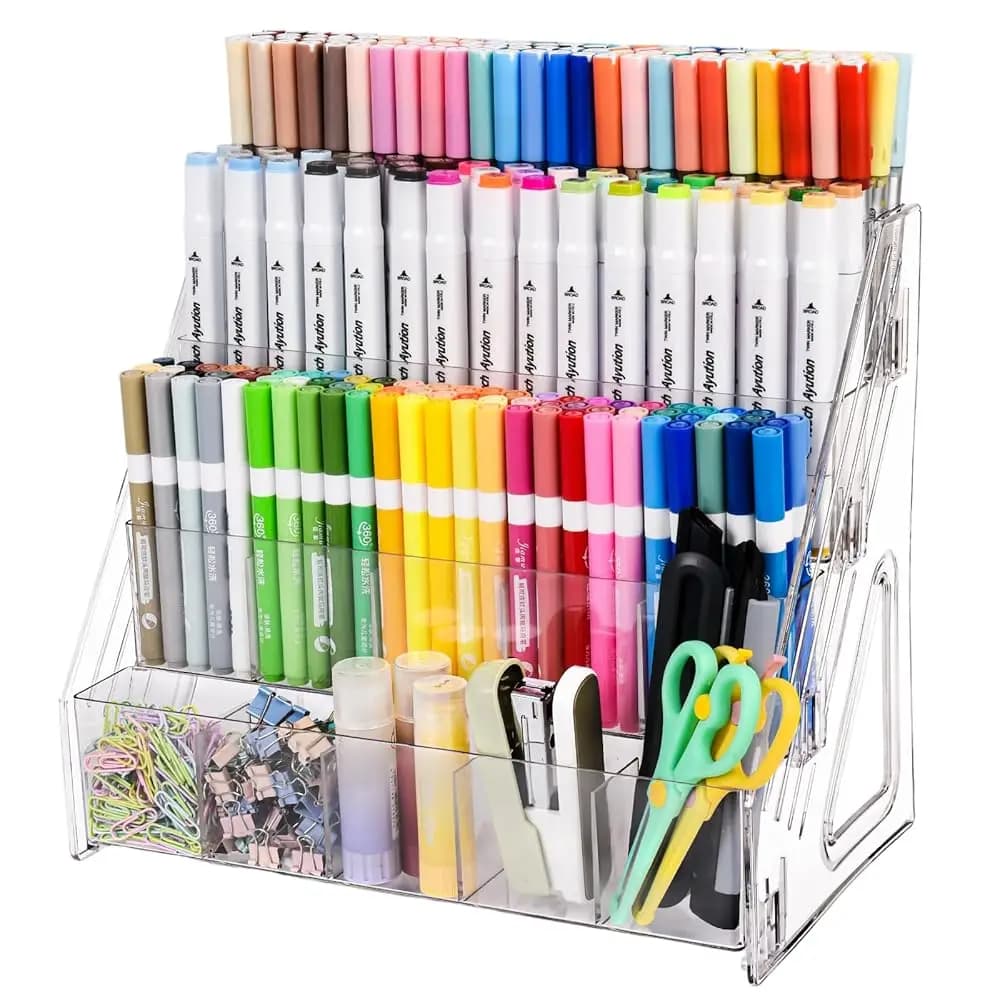 Organizzatore per pennarelli in acrilico – 4 livelli, 20 scomparti per penne, pennarelli, articoli artistici ed essenziali per l'ufficio – Trasparente, verticale, da scrivania