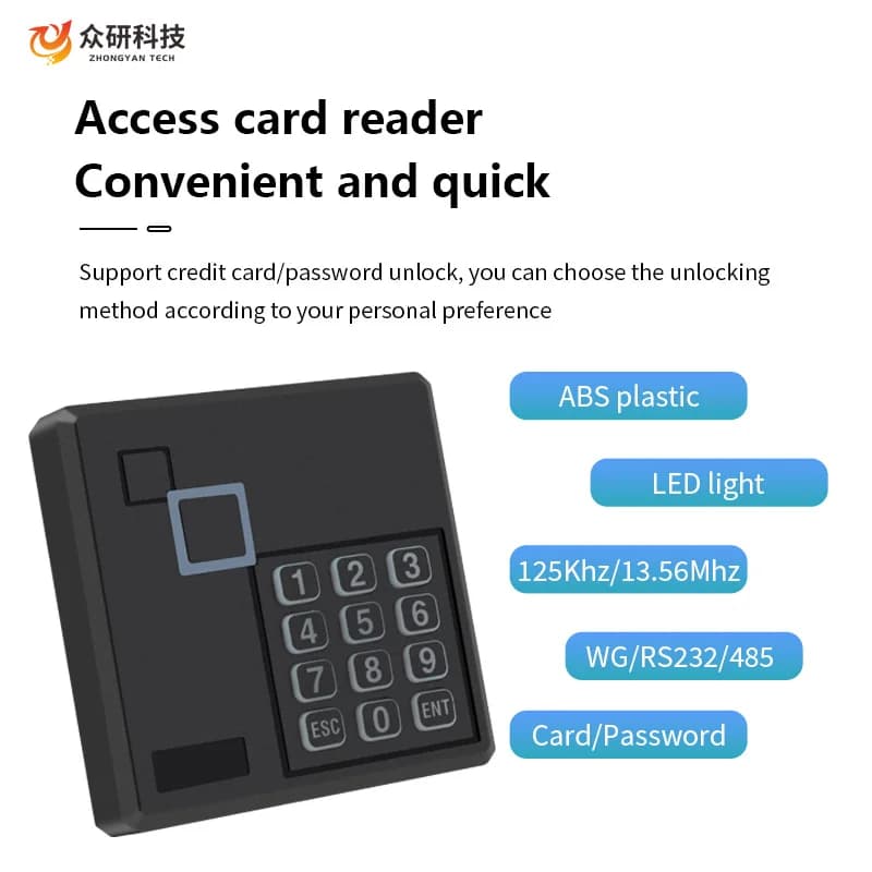 Tastiera quadrata montata a parete in plastica RFID 13,56 Mhz IC con interfaccia RS232 RS485 UART Lettore di schede di controllo accessi Wiegand