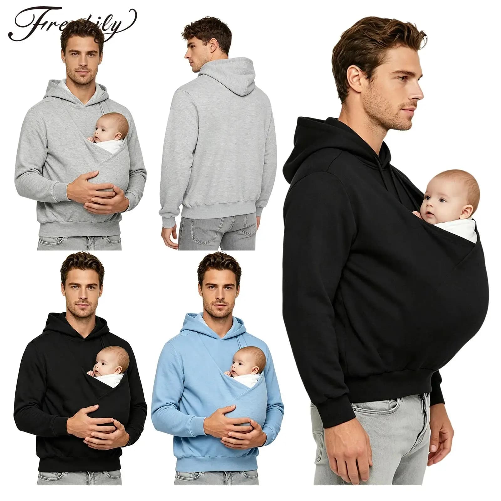 Men Kangaroo Hoodies Baby Carrier Hooded Sweatshirt Front Large Pouch Pullover Top Casual Outing Travel Hooded Shirts