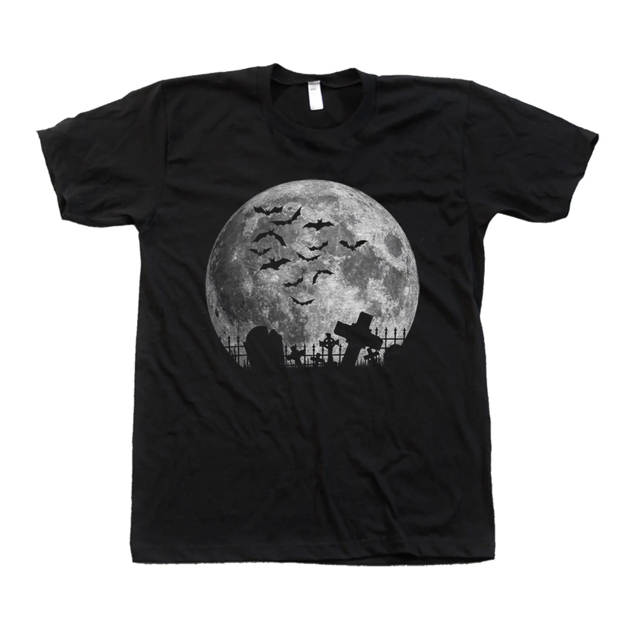 Full Moon Halloween T-Shirt Bats Graveyard Screen Print Retro Streetwear High-quality Crew-neck Short-sleeved Men's T-shirt