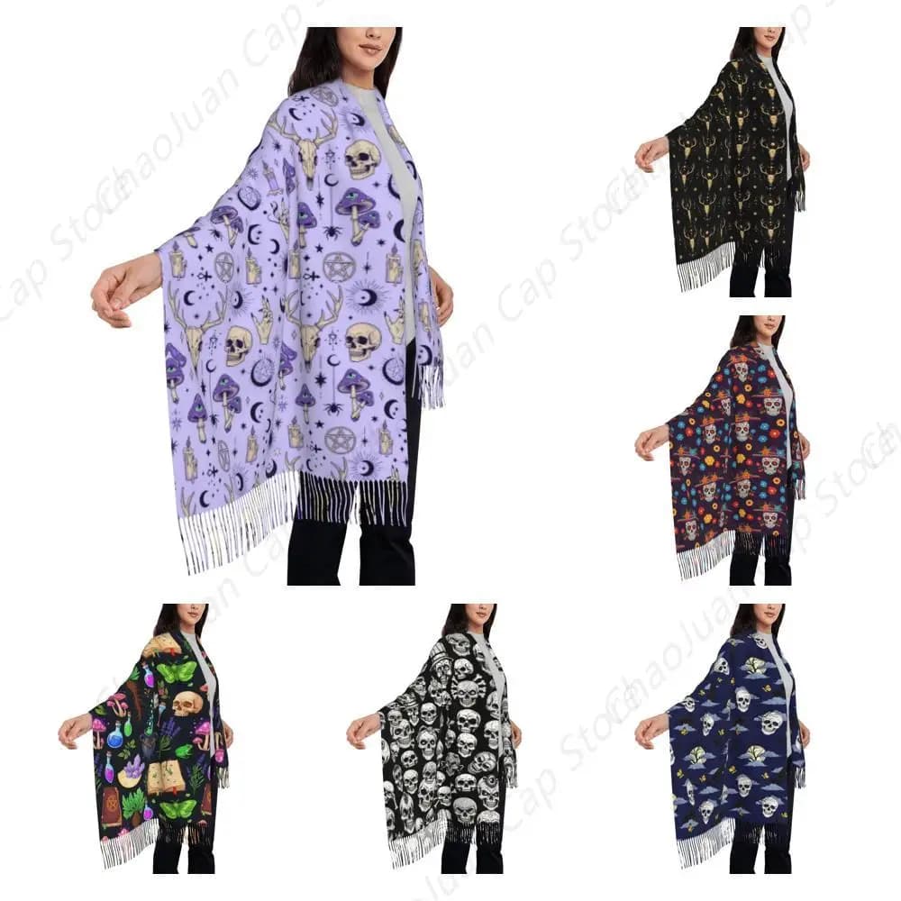 Strega Stregoneria Goth Teschio Fungo Sciarpa di pashmina in cashmere invernale premium Sciarpa coperta over size per viaggi di nozze