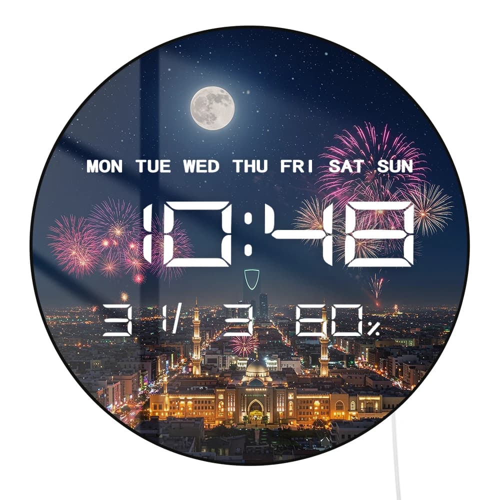 Riyadh Skyline con fuochi d'artificio a luna piena Design moderno Orologio da parete digitale a LED con timer Data Temperatura Eid Vibes Orologio elettrico