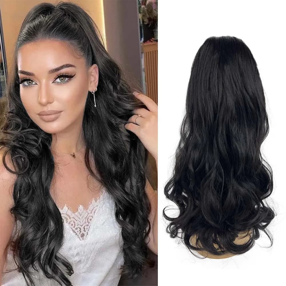 Parrucca a Coda di Cavallo da Donna, Capelli Sintetici Lunghi con Grandi Onde Morbide, Fibra Resistente al Calore, Elastico con Coulisse e Rete, Stile Trendy e alla Moda