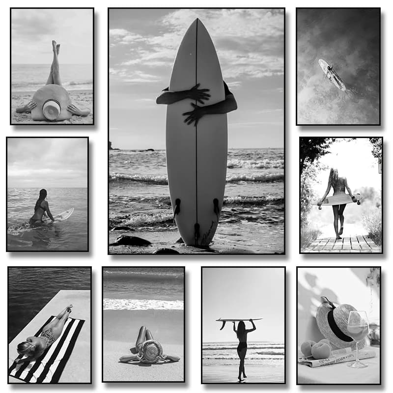 (No frame)Summer Woman At The Beach Surfboard Poster Canvas Painting Print Fashion Wall Art Picture for Living Room Home Deco