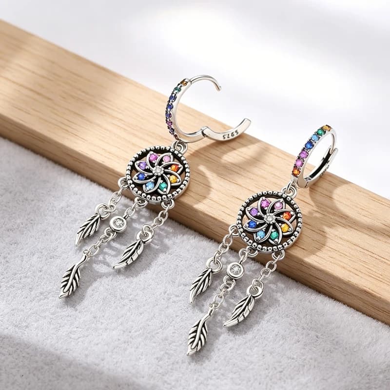 Original Earring 925 Sterling Silver Drop Earring Dreamcatcher Tassel Feather Pendant Earring For Women Fine Jewelry
